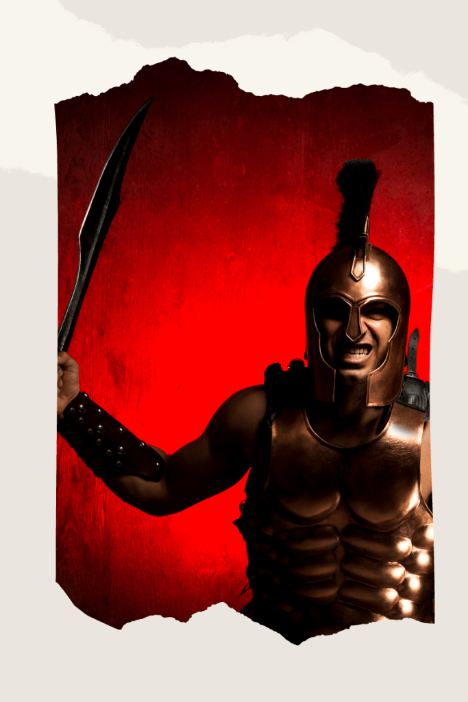 Goliath ready to fight with full armor and a sword as a weapon.